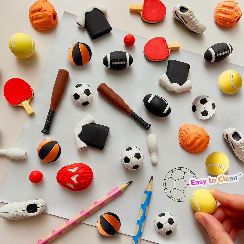 Kaemi 32 Pcs Sports Erasers Desk Pets for Kids Classroom Prizes Fun Cool 3D Puzzle Erasers Bulk Mini Cute Pencil Eraser Pals Toys for Party Favors Treasure Box Goodie Bag Stuffers - Image 2